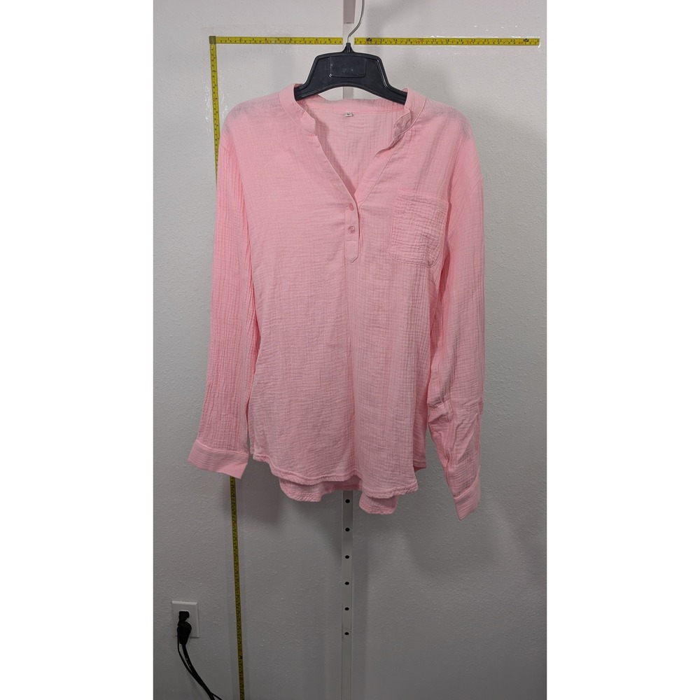 Unbranded Pink Gauze Tunic Top Long Sleeve Button V-Neck Crinkle Shirt Large